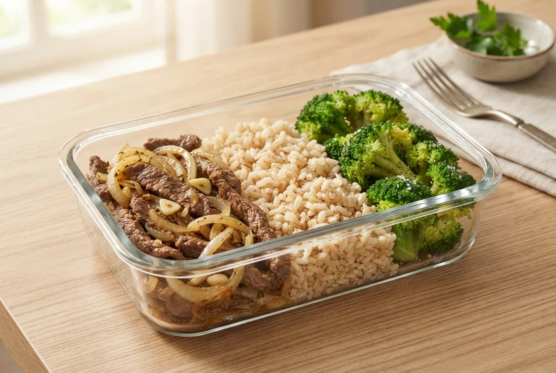Patinho acebolado com arroz integral e brócolis