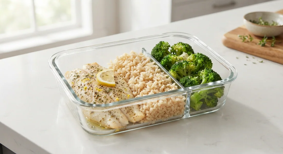 Tilápia assada com arroz integral e brócolis